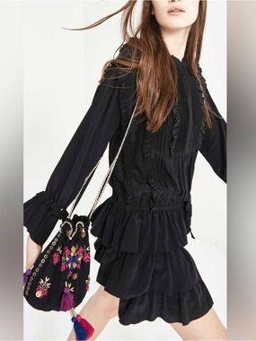 Ulla Johnson Black Silk Marlie Dress Size 6 Ruffle Skirt Ruffle Bodice Raven Min